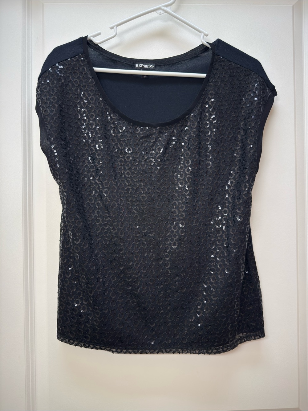 Express Black Sequin Cap-Sleeve Scoop Neck Blouse